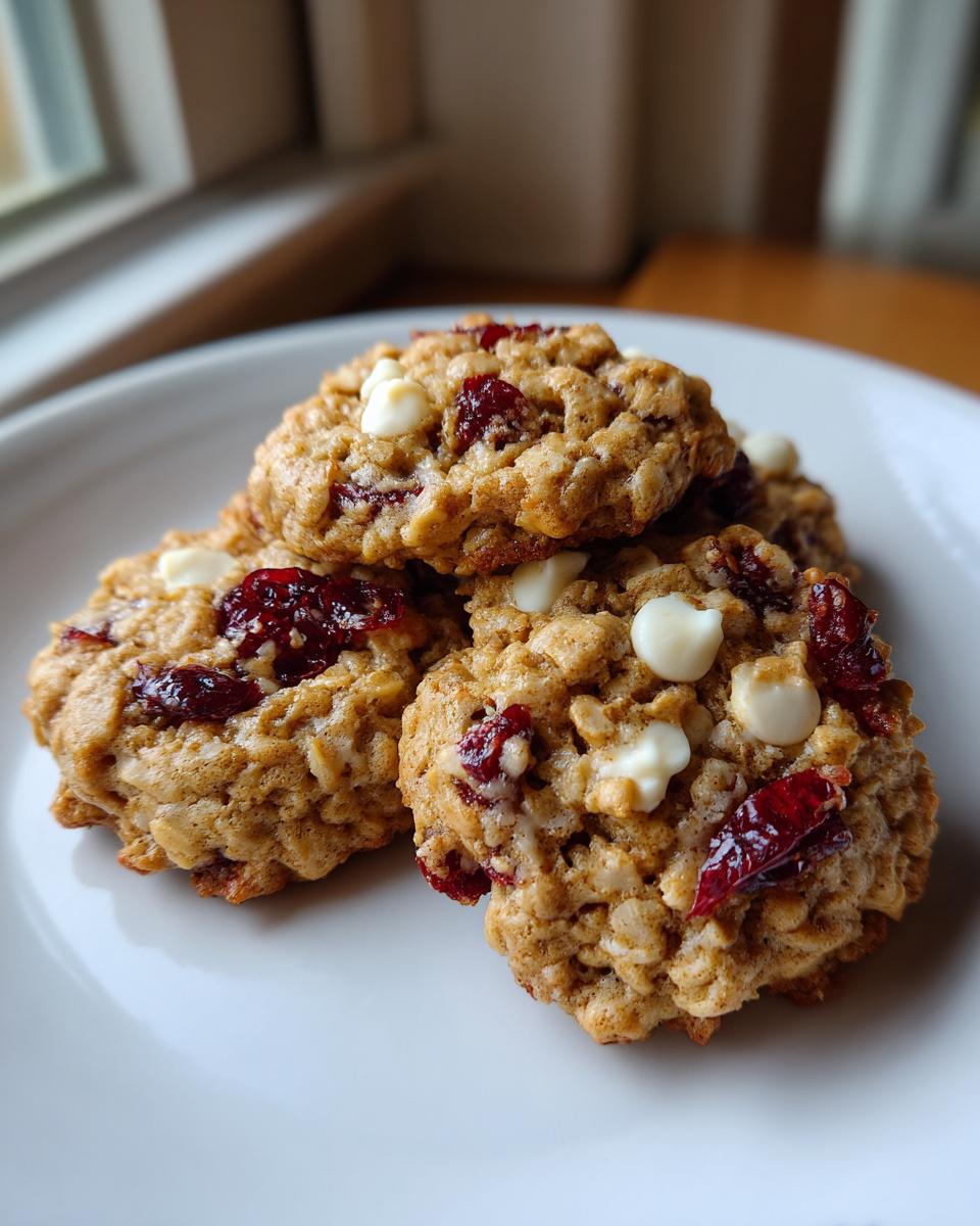 Close-up of three delicious cranberry oatmeal cookies featuring white chocolate chips on a white plate.