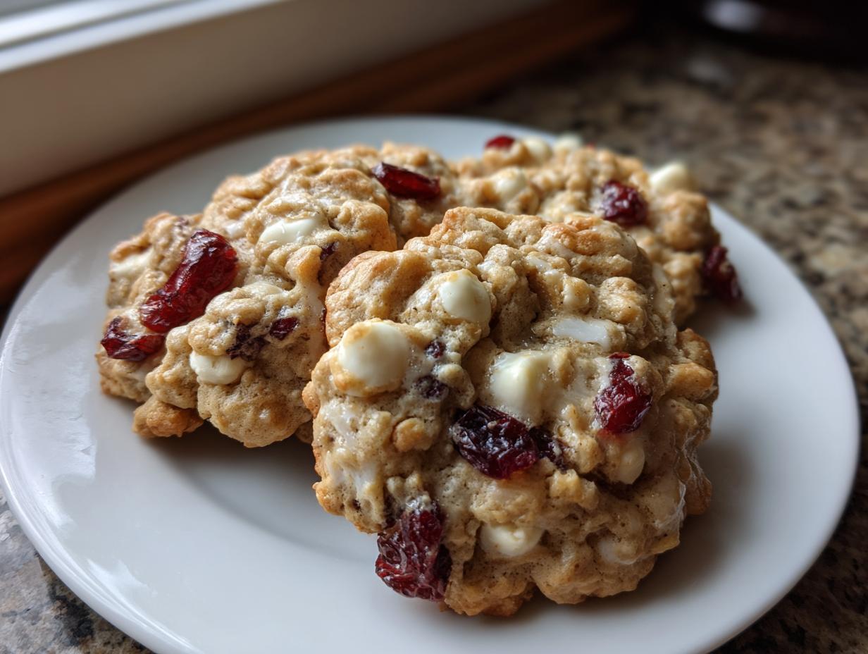 Three delicious cranberry oatmeal cookies studded with white chocolate chips on a white plate.