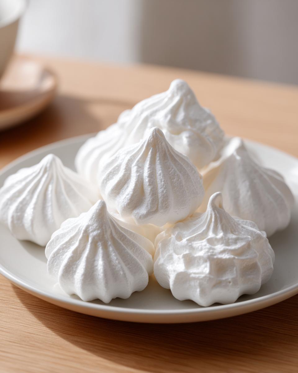 A close-up of several perfectly piped, bright white meringue cookies stacked on a small white plate.
