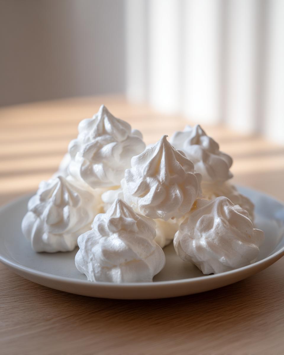 A close-up of several perfectly piped, white meringue cookies stacked on a light-colored plate.