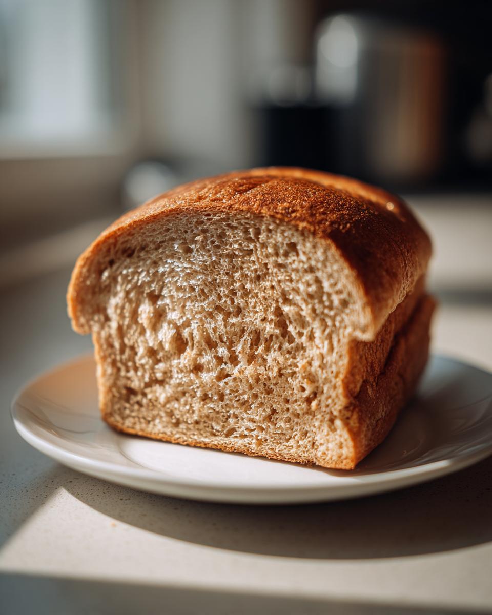 Close-up of a soft, golden-brown slice of whole wheat bread resting on a small white plate.