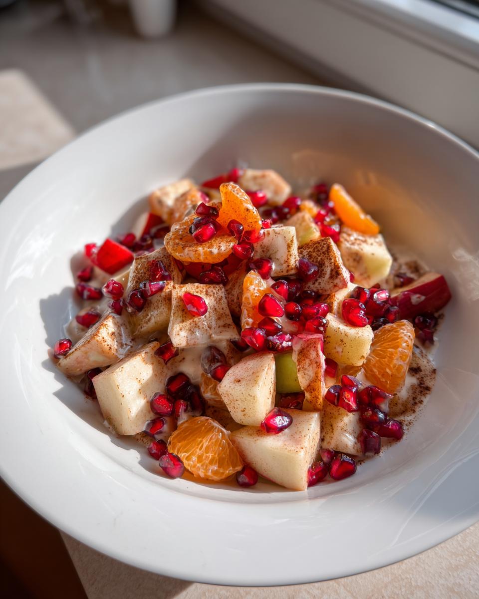 Close-up of a vibrant winter fruit salad featuring diced apples, mandarin segments, and bright red pomegranate seeds.