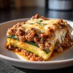 A close-up of a firm slice of zucchini lasagna layered with meat sauce and melted cheese.